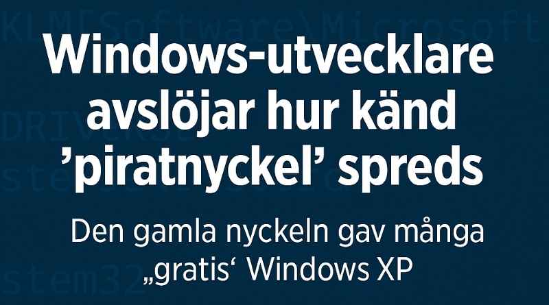 Banner med rubriken "Windows-utvecklare avslöjar hur känd 'piratnyckel' spreds" mot blå bakgrund med kodsnuttar.