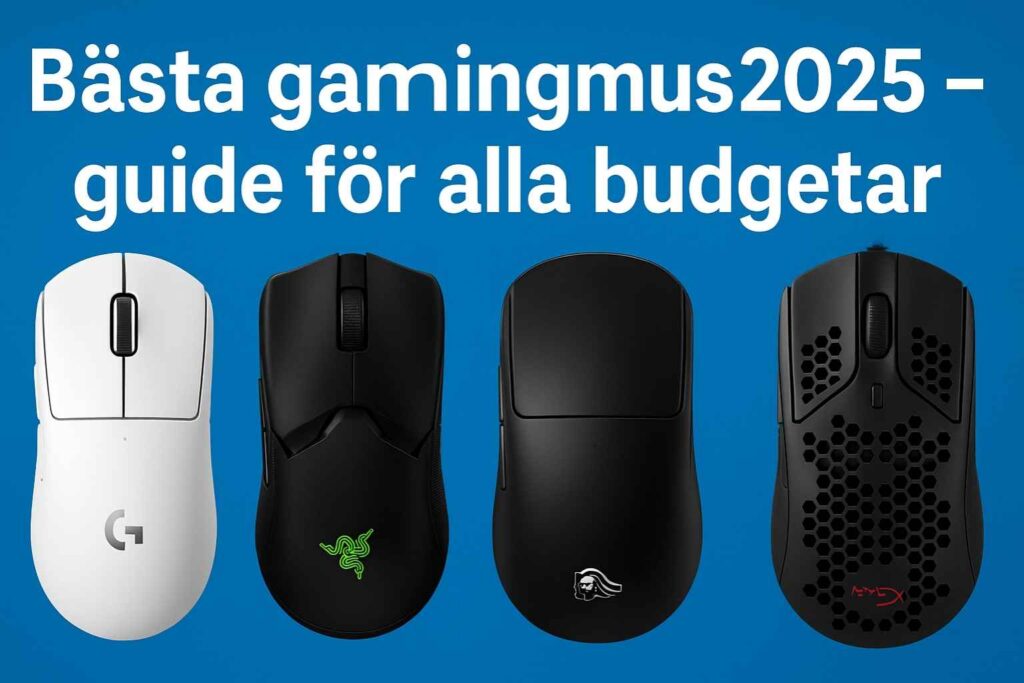 Bannerbild med fyra gamingmöss på blå bakgrund och vit text som lyder ”Bästa gamingmus 2025 – guide för alla budgetar”. Mössen som visas är Logitech G Pro X Superlight, Razer Viper, Glorious Model O och HyperX Pulsefire Haste.