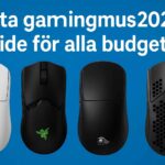 Bannerbild med fyra gamingmöss på blå bakgrund och vit text som lyder ”Bästa gamingmus 2025 – guide för alla budgetar”. Mössen som visas är Logitech G Pro X Superlight, Razer Viper, Glorious Model O och HyperX Pulsefire Haste.