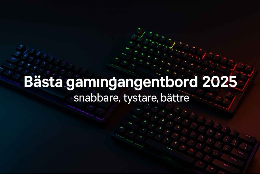 Bannerbild med två RGB-belysta gamingtangentbord mot en mörk bakgrund i blått och lila ljus. Vit text i mitten lyder ”Bästa gamingtangentbord 2025 – snabbare, tystare, bättre”.